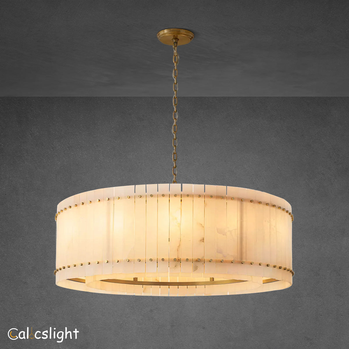A round San Marco Alabaster chandelier with a metallic frame and alabaster panels, hanging from a ceiling fitter.