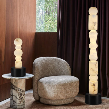 Black Marble Base & White Alabaster 5-Tier Table Lamp 8“ Height