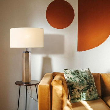 Hexagonal Column Table Lamp 5" in brass/black with fabric linen lampshade