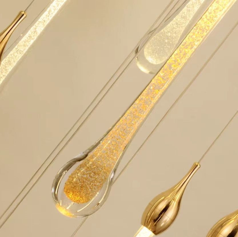 Modern Long Gold Glass Rain Rod Pendant Light for Staircase/High-ceiling room