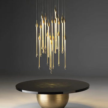 Modern Long Gold Glass Rain Rod Pendant Light for Staircase/High-ceiling room