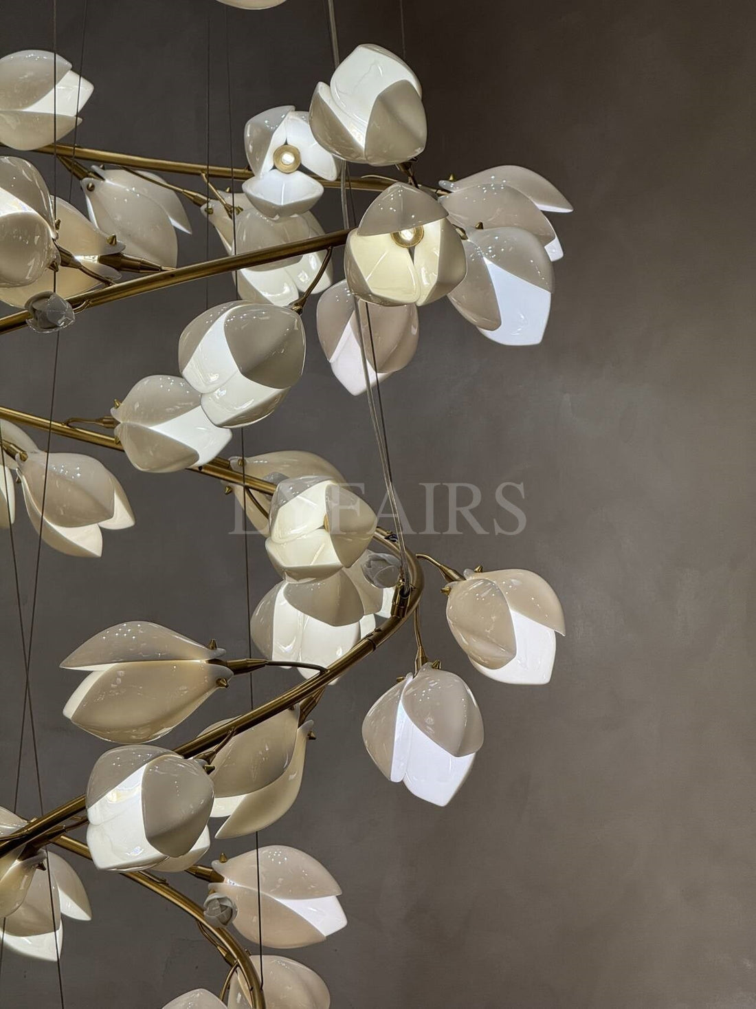 Spiral Pure White Magnolia Chandelier with Golden Branches for Staircase/High-ceiling Space/Foyer/ Duplex