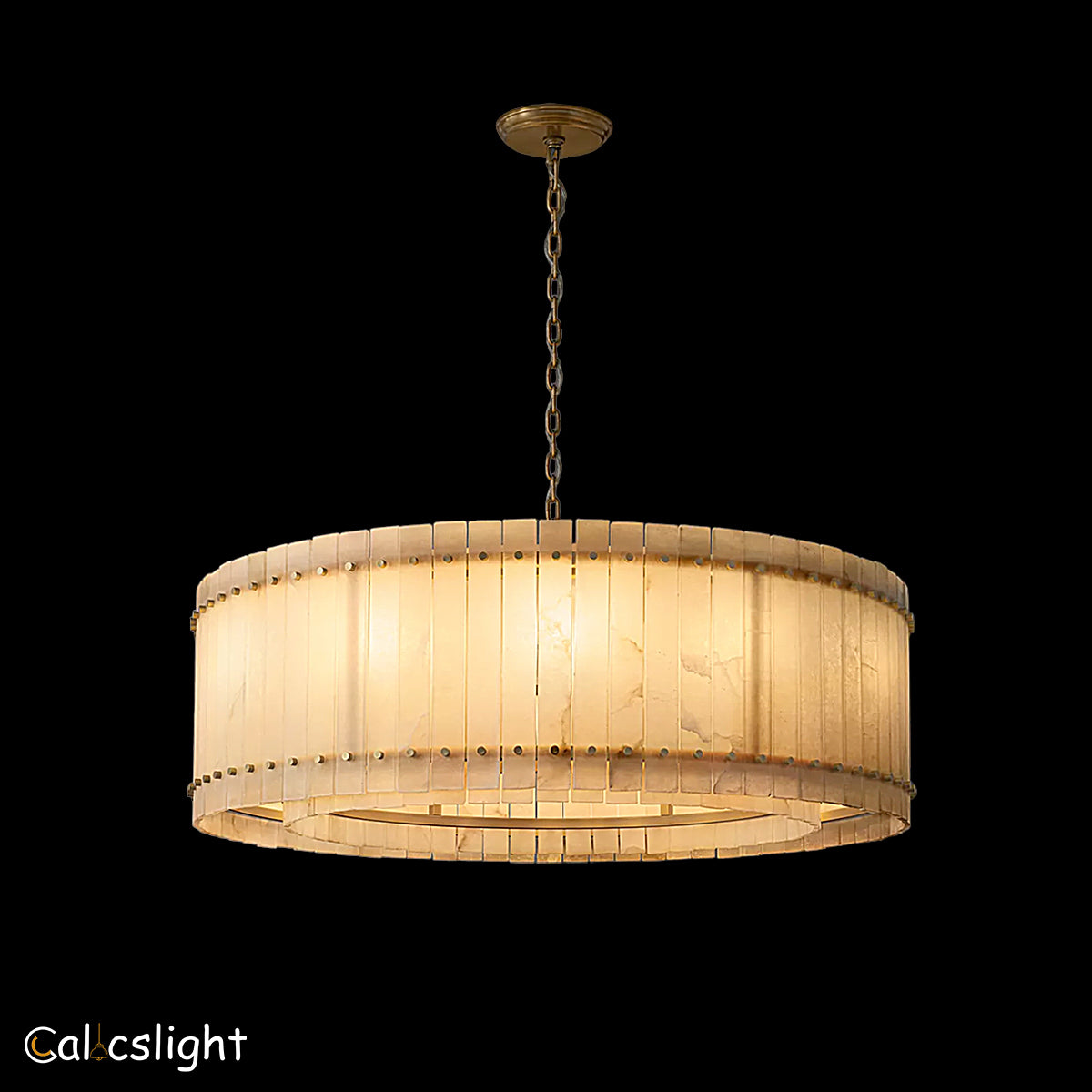 A round San Marco Alabaster chandelier with a metallic frame and alabaster panels, hanging from a ceiling fitter.