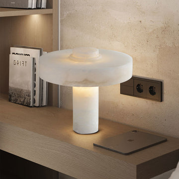 Round Alabaster white marble table copper lamp