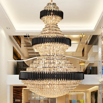 Modern Black Iron Crystal Chandelier For Foyer Staircase Luxurious Design Ceiling Light Fixture