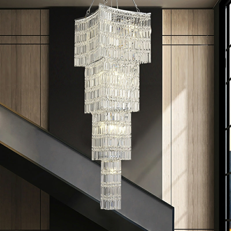 Extra Large Foyer Vertical Layers K9 Crystal Chandelier Chrome Ceiling Lighting Fixture For Staircase Entryway Decor