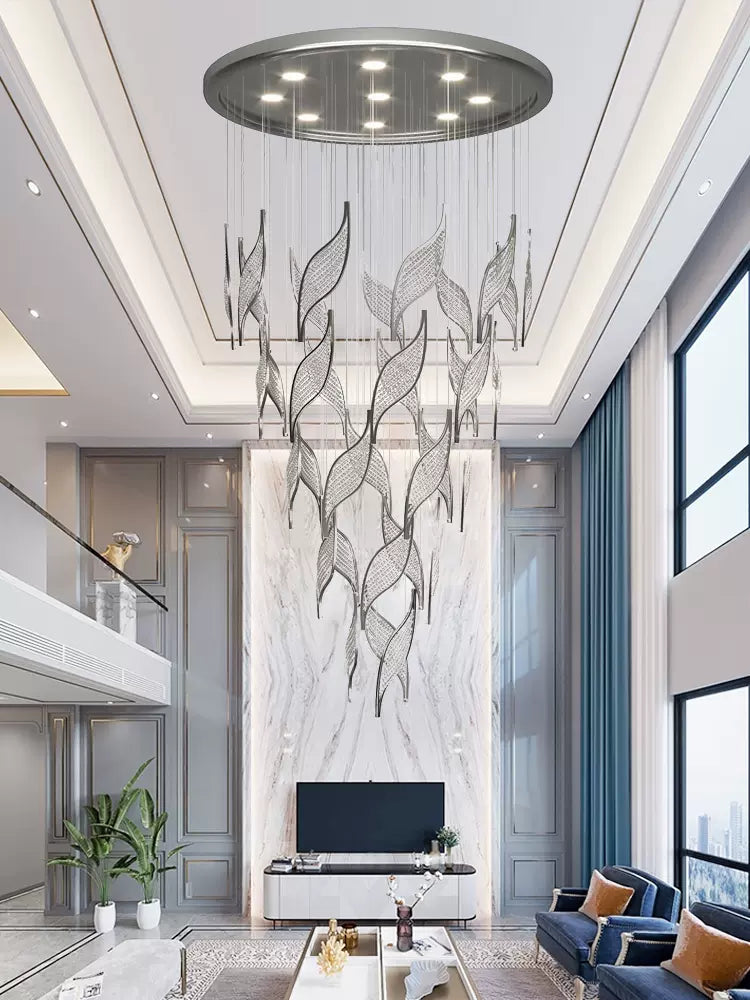 Modern Light Luxury Multi-layered Openwork Leaf Crystal Chandelier for Living Room/ Staircase/Duplex