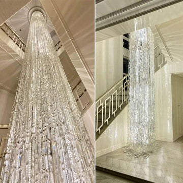 Oversized Silver Crystal Long Ceiling Chandelier Art Designer Column Waterfall Decorative Staircase Light Fixture