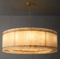 A round San Marco Alabaster chandelier with a metallic frame and alabaster panels, hanging from a ceiling fitter.