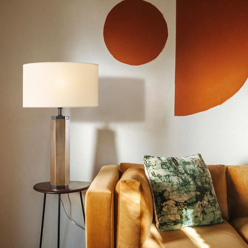 Hexagonal Column Table Lamp 5" in brass/black with fabric linen lampshade