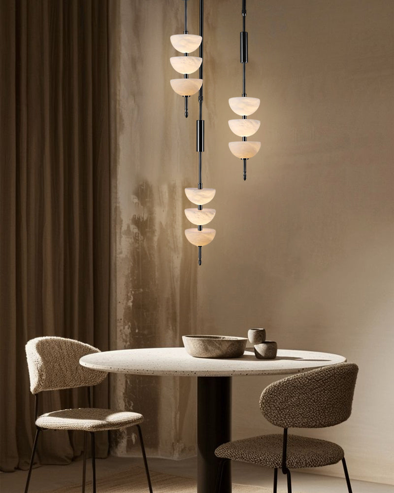 Alabaster Triple Half Spheres Vertical Suspension Lights Lacquered Burnished Brass/Bronze