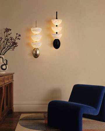 Modern Triple Alabaster Brass Stone Semi-Oval Wall Sconces 21"H