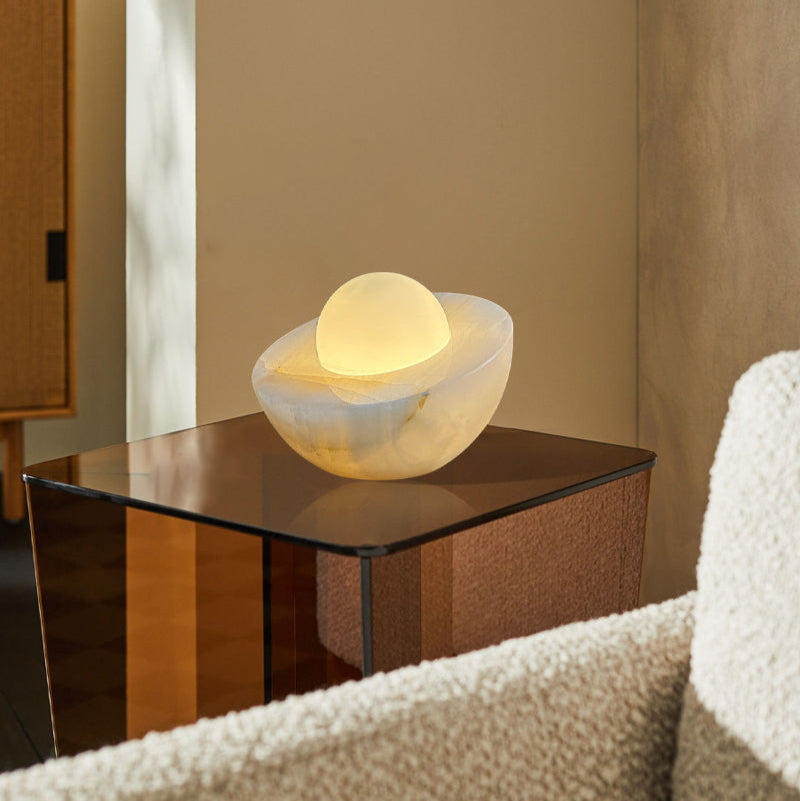 Nature Alabaster Dimming Round Table Lamp 8in with plug switches