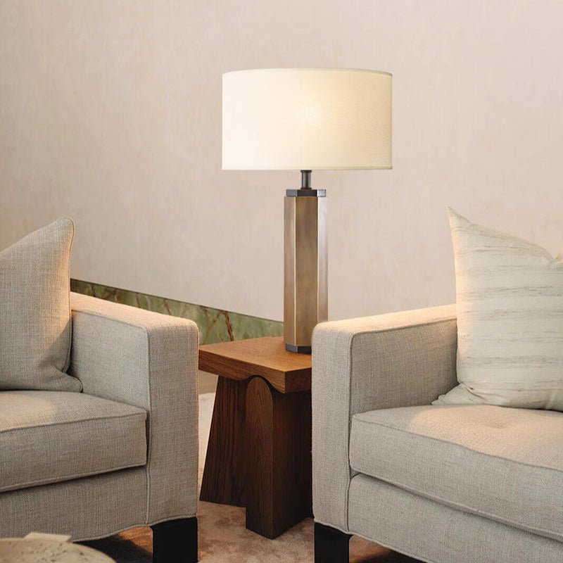 Hexagonal Column Table Lamp 5" in brass/black with fabric linen lampshade