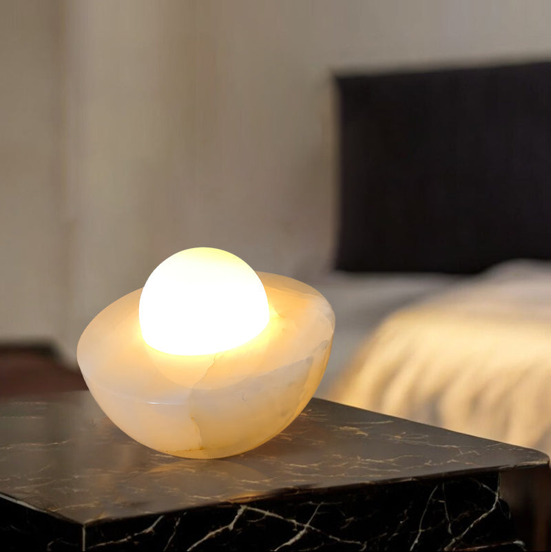 Nature Alabaster Dimming Round Table Lamp 8in with plug switches