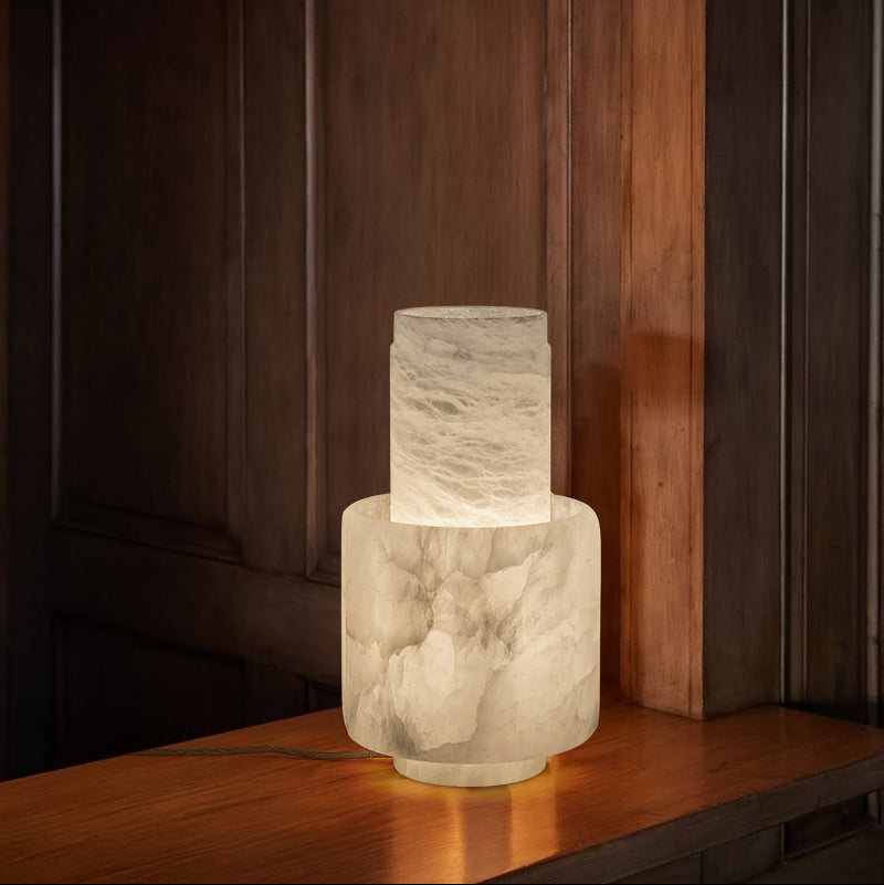 White Nature Handcrafted Alabaster Small Table Lamp with night light for bedside