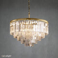 A luxurious multi-layered round chandelier with transparent crystals and a gold-colored metal frame, designed for indoor use
