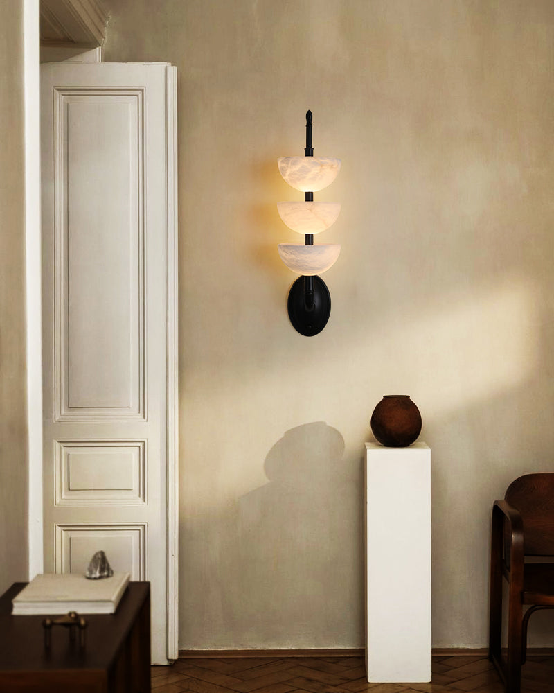 Modern Triple Alabaster Brass Stone Semi-Oval Wall Sconces 21"H