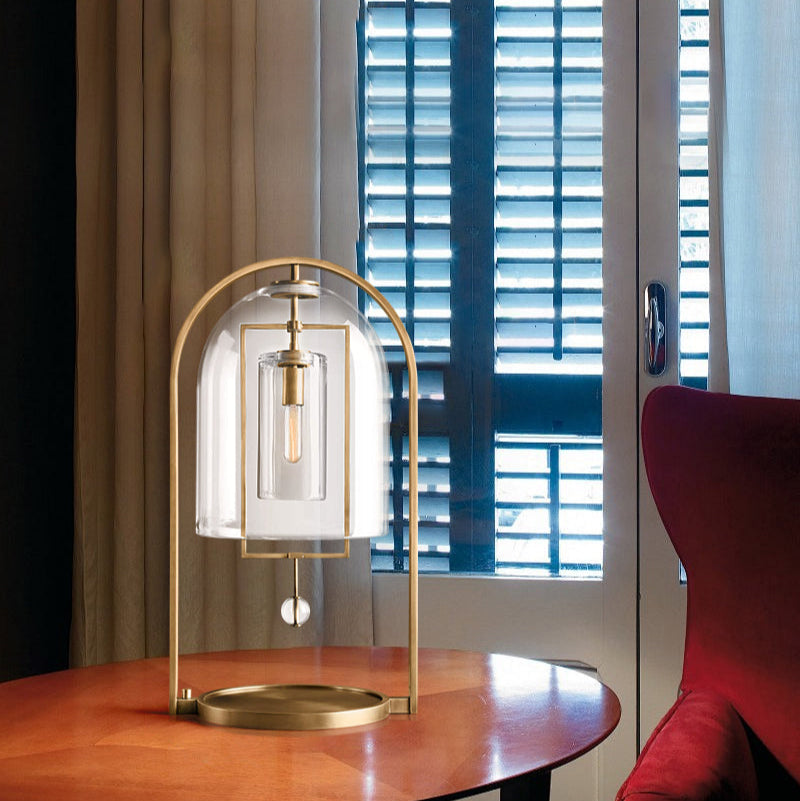 Scandinavian Design Black Iron Frame Blown Glass Dome Shade Fulcrum Round Table Lamp 18"