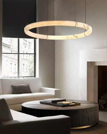 Black Metal Modern Round Ring Alabaster Pendant Light