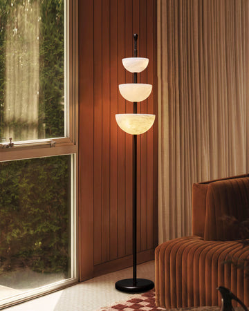 LED Bronze and Alabaster Triple Bowl Tall Floor Lamp 76in