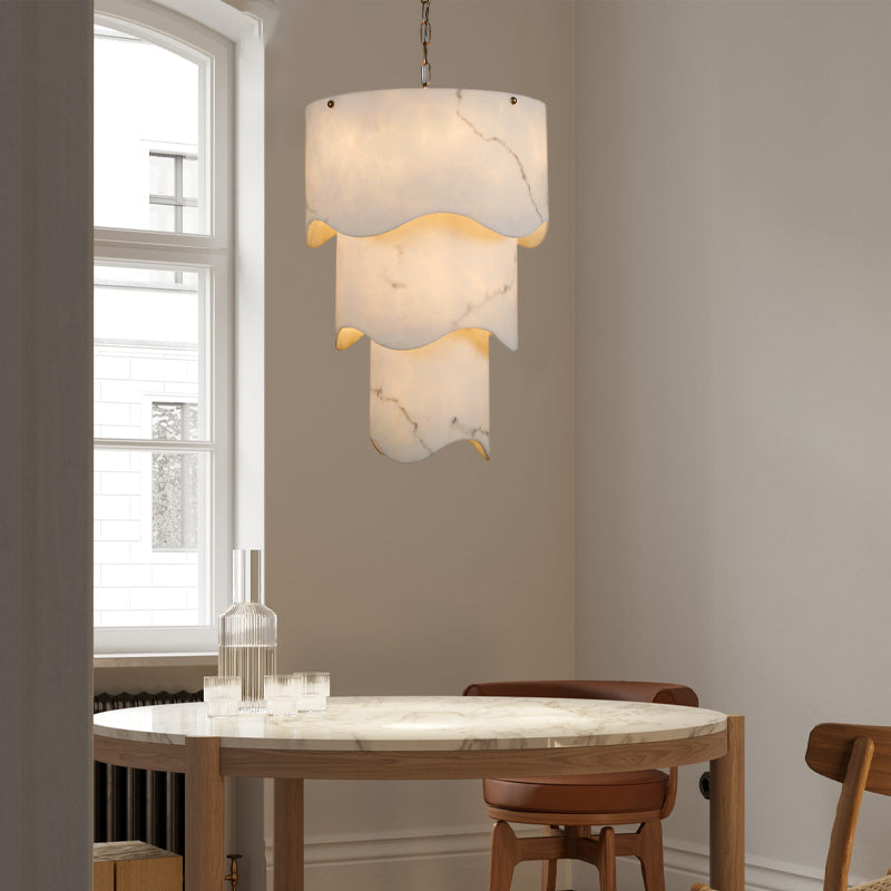 White Alabaster and Antique Brass Finish Layered Pendant Light Wide 18"