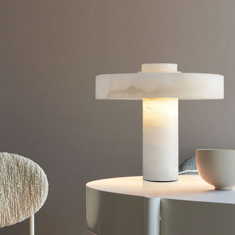 Round Alabaster white marble table copper lamp