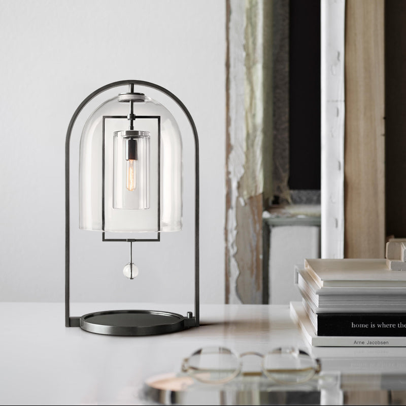 Brass Iron Frame Blown Glass Dome Shade Fulcrum Round Table Lamp 18"