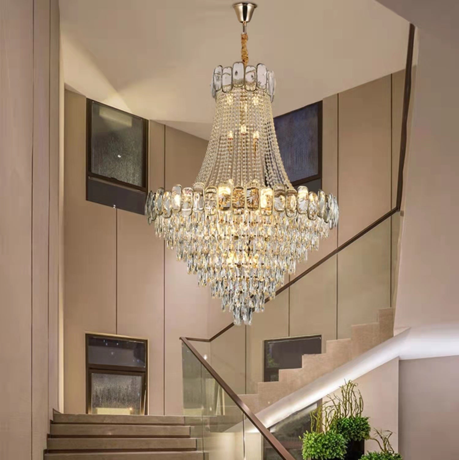 Foyer Staircase Chandelier Luxury K9 Crystal Ceiling Light For Living Room / Hallway