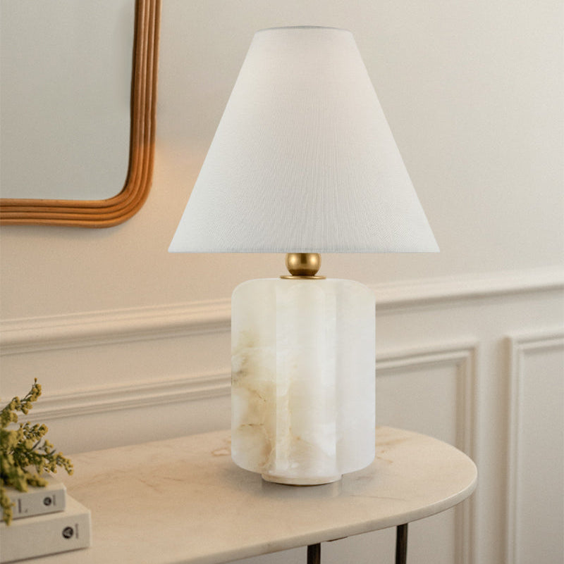 Plug-in Arteriors Everly Alabaster Table Lamp Wide 15" with White Linen Fabric Lampshade
