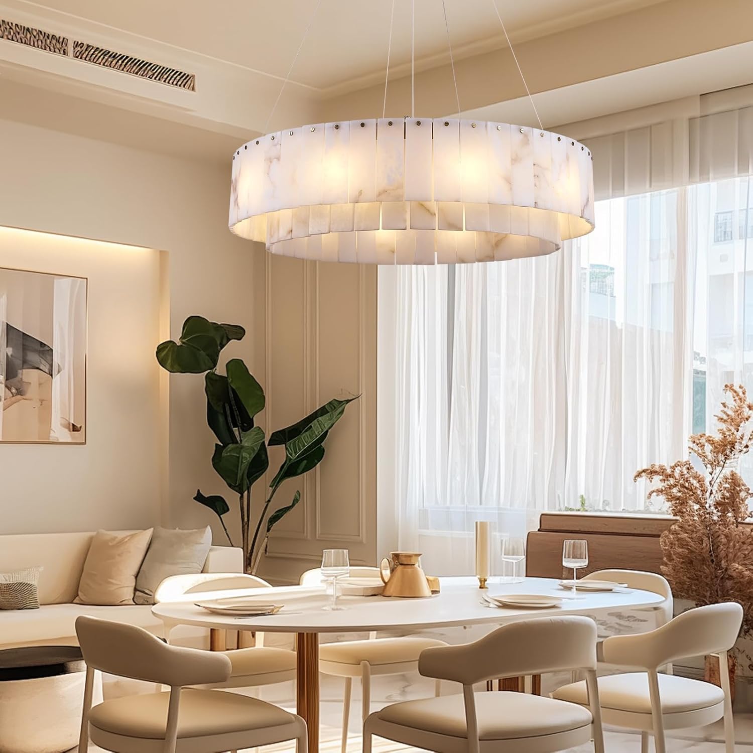 Alabaster Round Chandelier, Modern Marble Dining Room Chandelier 31'' - Fast Delivery-1-Luxehomezone