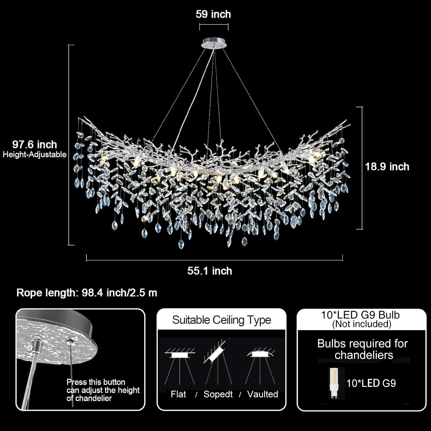 Modern Silver Crystal Glass Tree Branchs Chandelier 55" 72" - Fast Delivery-1-Luxehomezone