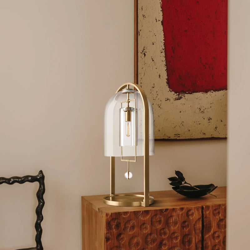 Brass Iron Frame Blown Glass Dome Shade Fulcrum Round Table Lamp 18"