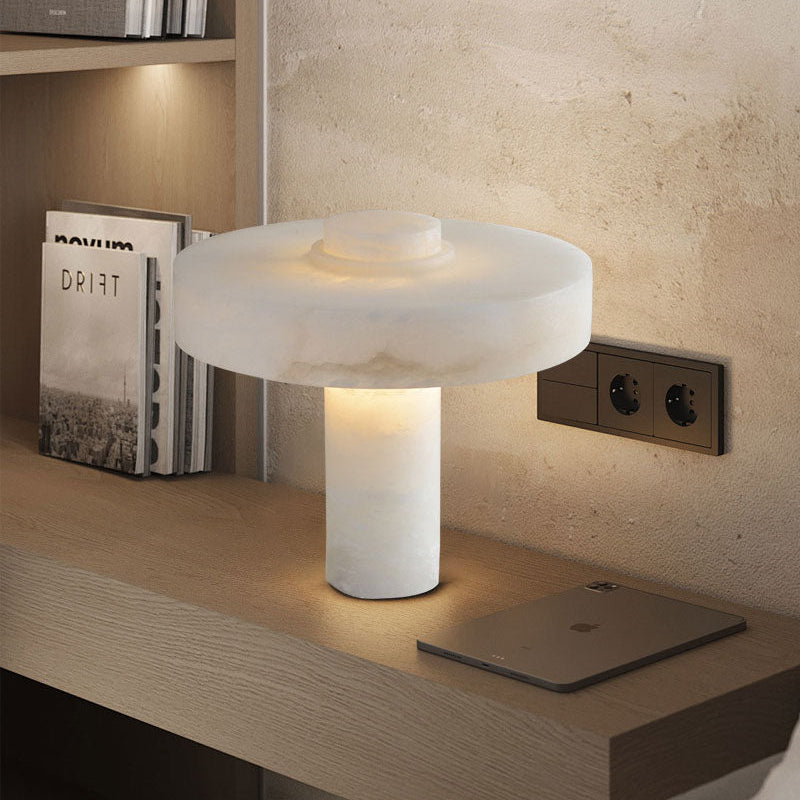 Round Alabaster white marble table copper lamp