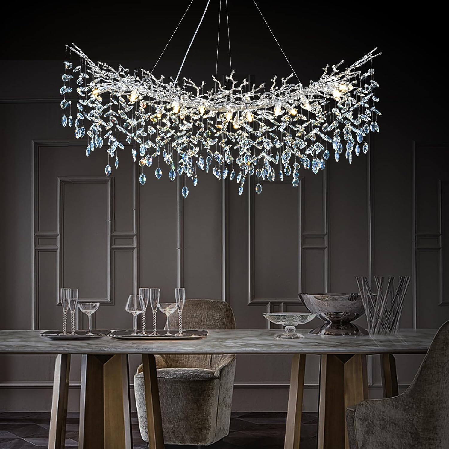 Modern Silver Crystal Glass Tree Branchs Chandelier 55" 72" - Fast Delivery-1-Luxehomezone