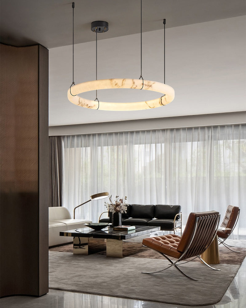 Black Metal Modern Round Ring Alabaster Pendant Light
