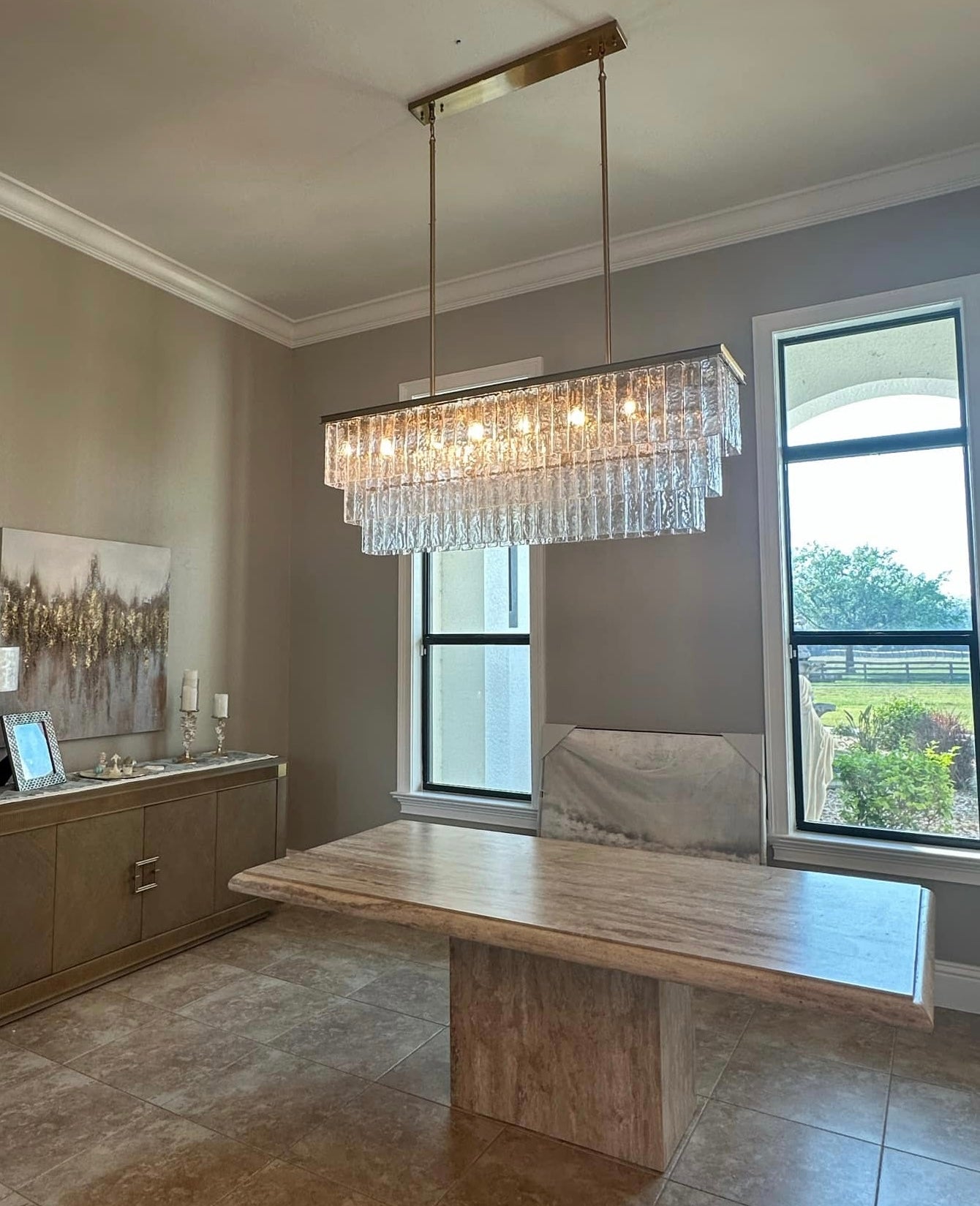 Seline 3-Tier Rectangular Cracked Textured Glass Chandelier