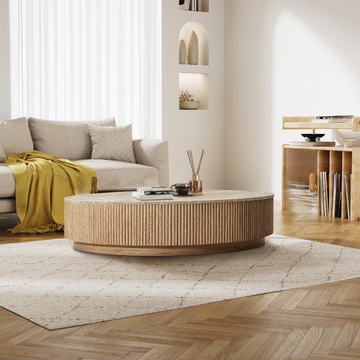 Mulholland Oak Wood & Stone Round Coffee Table