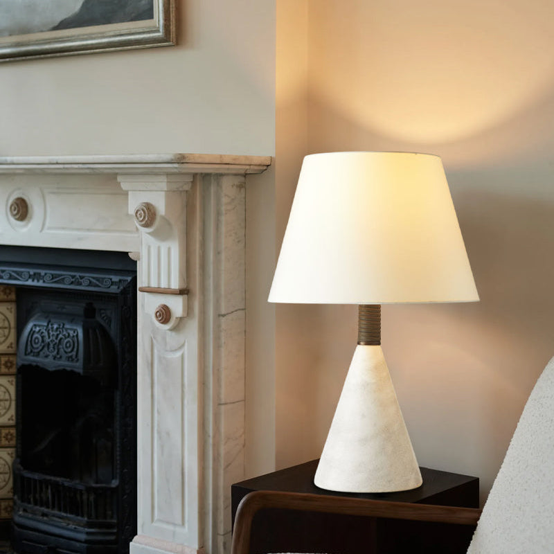 Plug-in Arteriors Everly Alabaster Table Lamp Wide 15" with White Linen Fabric Lampshade
