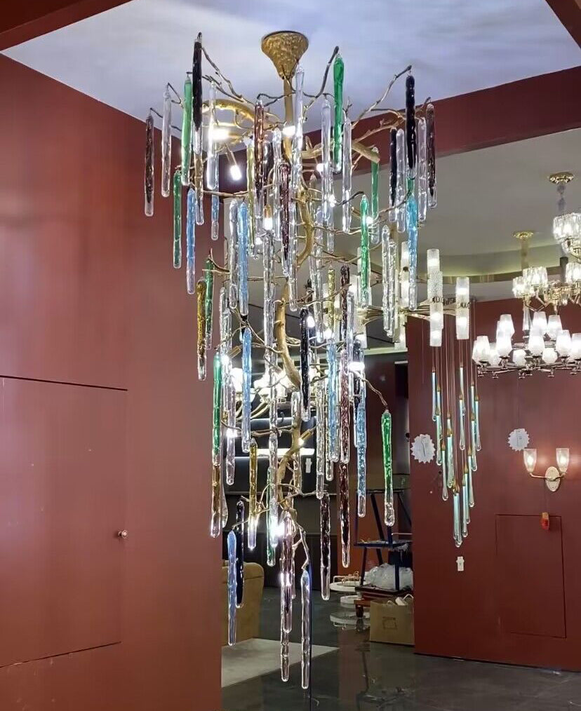 Modern Light Luxury Brass Branches Colored Glass Column Chandelier for Staircase/Living Room/High-ceiling Space